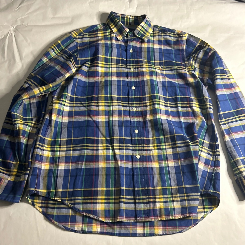 Ralph Lauren Plaid Madras Button Shirt Mens Long Sleeve L‎ Blue Yellow Preppy